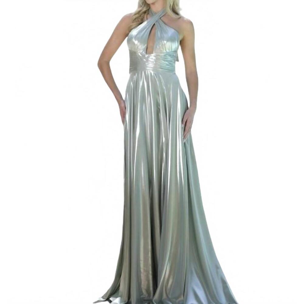 NEW COLORS DRESS metallic halter keyhole evening gown in sage